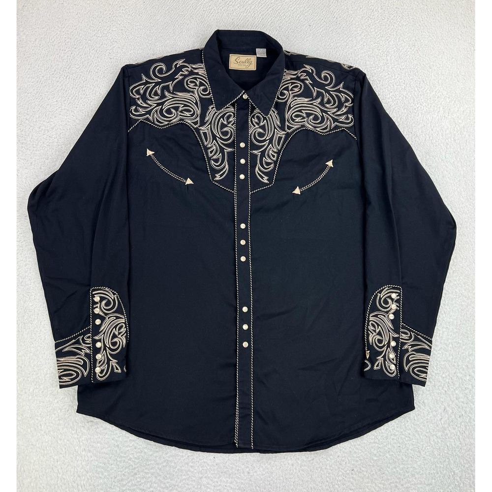 Scully Mens 2XL Black Western Embroidered Pearl Snap Long Sleeve Shirt P-852